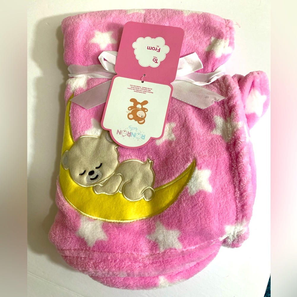 RonRon Pink Baby Blanket Sleepy Bear Moon and Stars - NWT